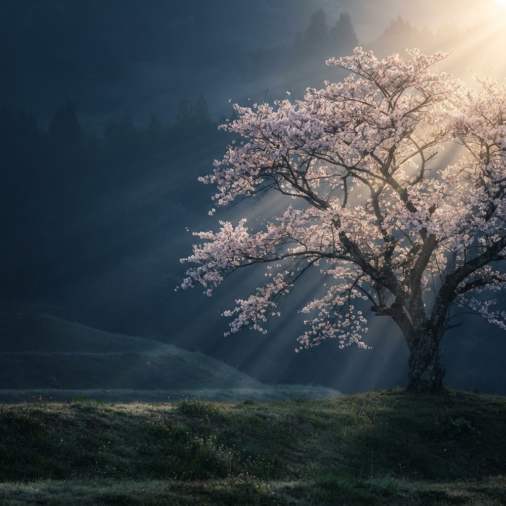 Fotorealistischer Sakura-Baum im goldenen Morgenlicht